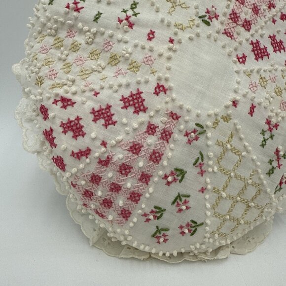 Vintage Needlepoint Throw Pillow Round Floral Beaded Cross Stich Eyelet Grandma - Picture 5 of 7